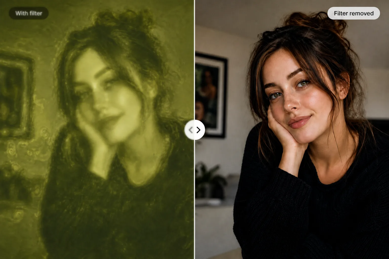 Portrait before and after matcha filter cleanup